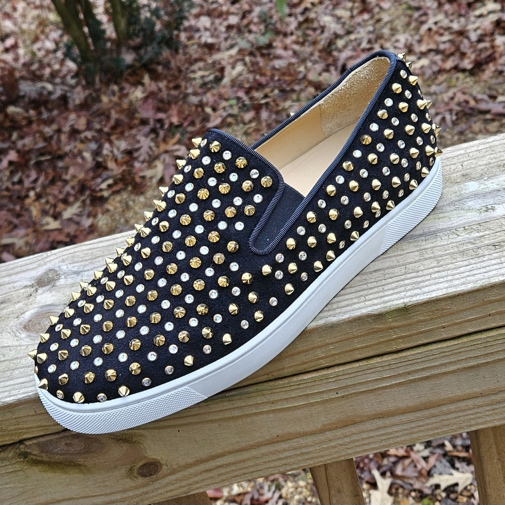 Men's Christian Louboutin Black Suede Spike-Studded Luxury Loafers Size 10 US - Picture 4 of 16